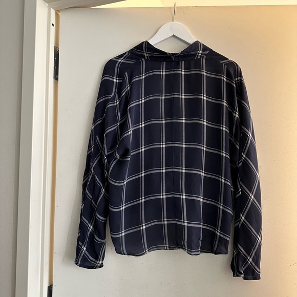 Aritzia Babaton Navy Silk Plaid Blouse - Picture 2 of 4